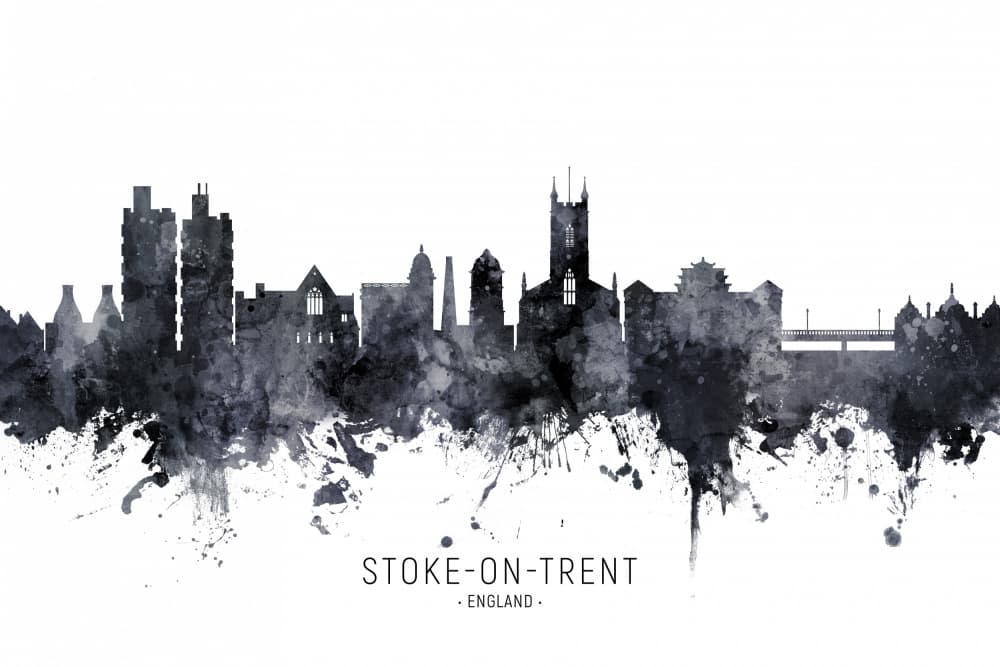 Stoke-on-Trent Watercolor Skyline by Michael Tompsett — canvas wall art