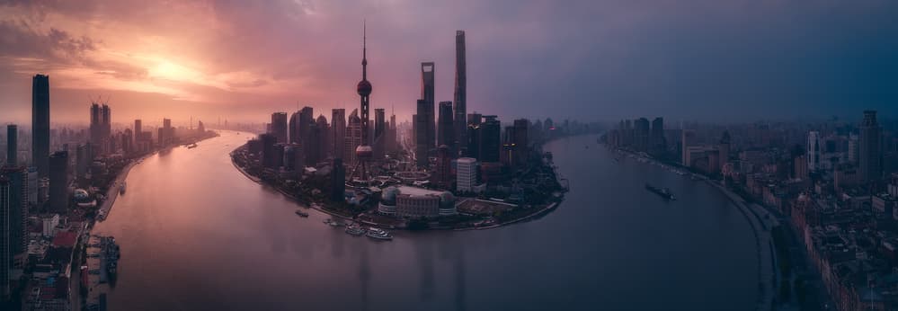 Shanghai Skyline Glow by Javier de la Torre — canvas wall art