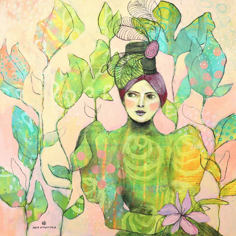 Green Hat Garden Woman by Ania Witwitzka — canvas wall art