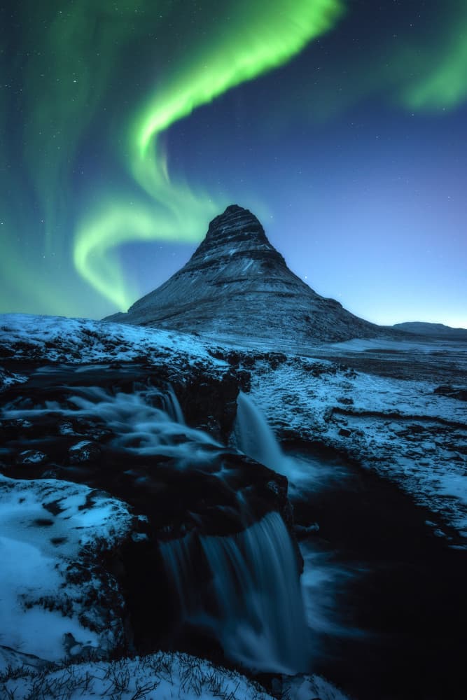 Northern Lights Mountain Waterfall by Daniel Gastager — canvas wall art