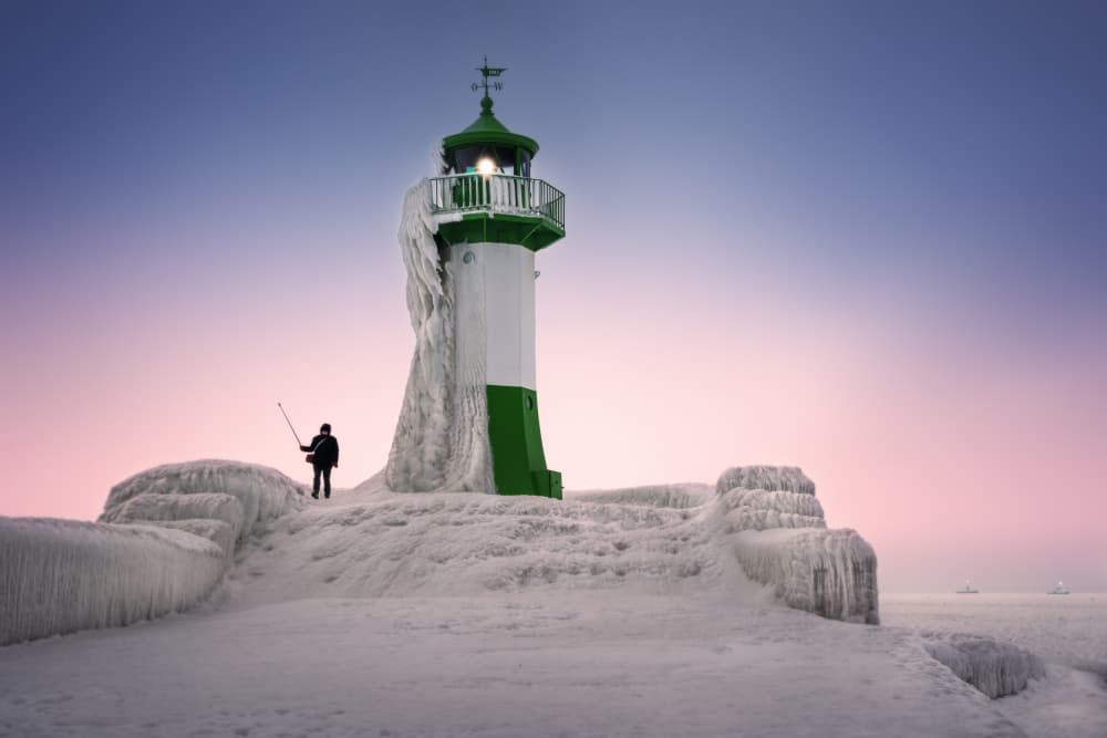 Frozen Lighthouse Pink Sky by fotomarion — canvas wall art