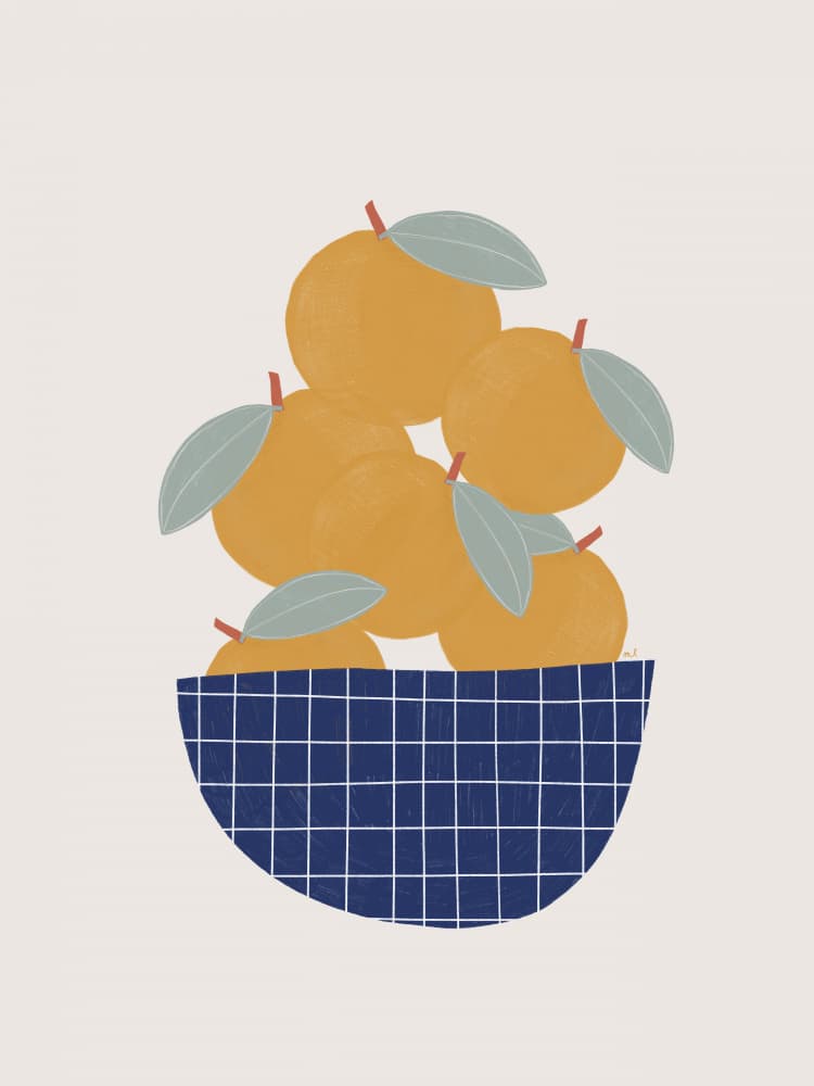 Fresh Oranges Blue Bowl by Menina Lisboa — canvas wall art
