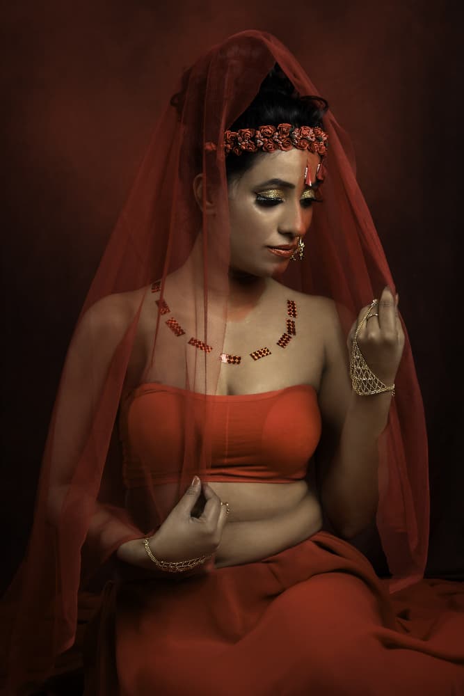 Red Veiled Beauty by Nilendu Banerjee — canvas wall art
