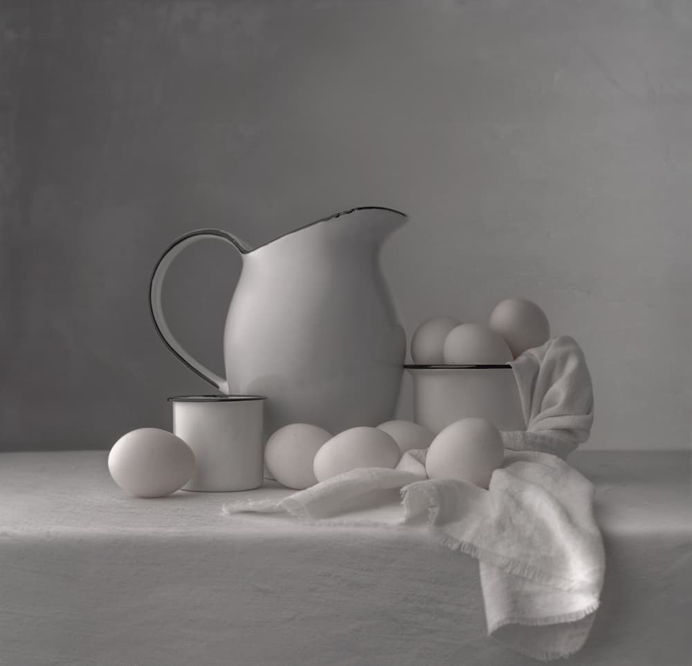 Fresh Eggs White Pitcher by Margareth Perfoncio — canvas wall art
