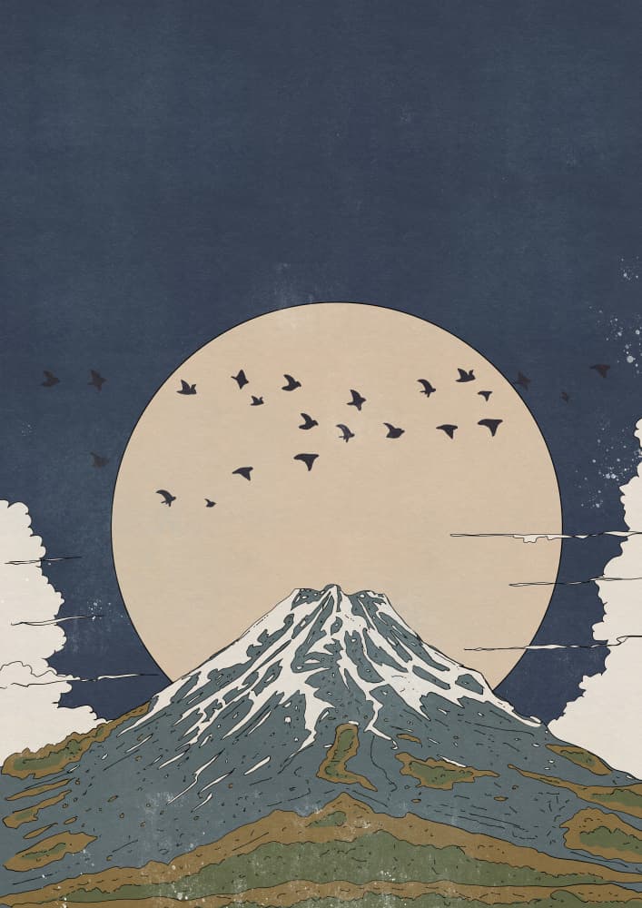 Mount Fuji Moonrise Birds by Nicholas — canvas wall art