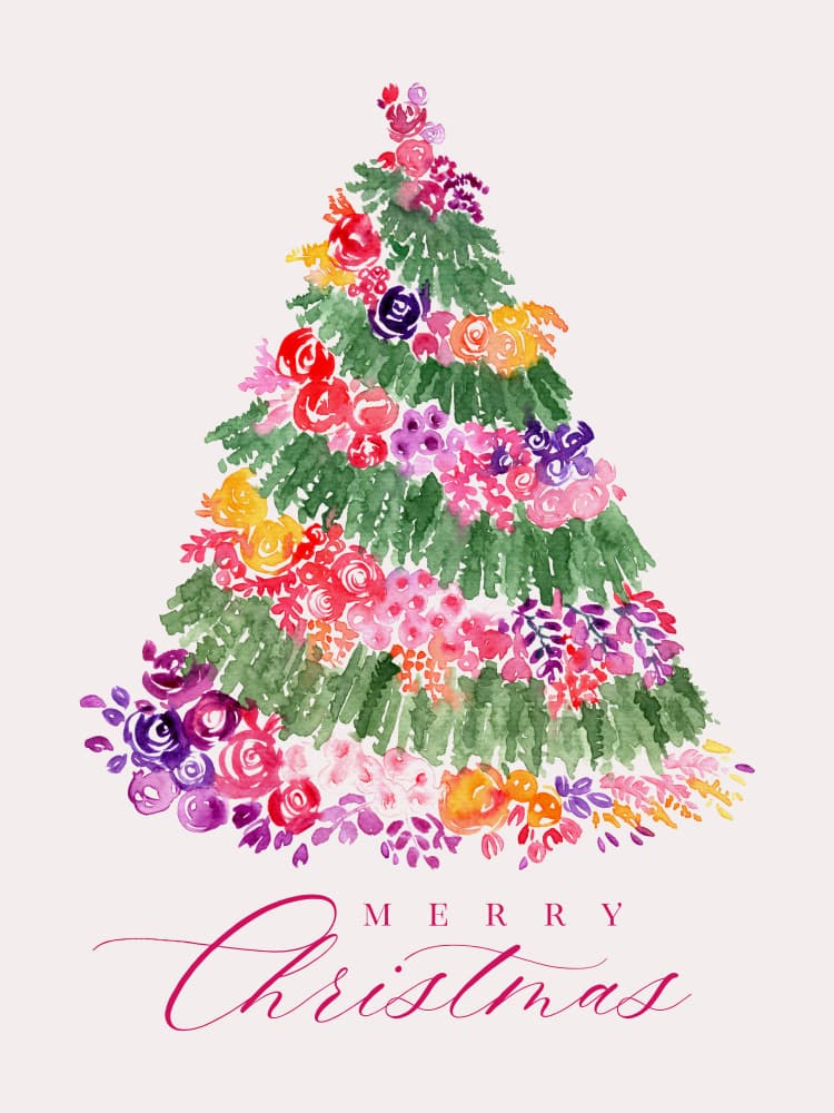 Merry Floral Christmas Tree by Rosana Laiz Blursbyai — canvas wall art