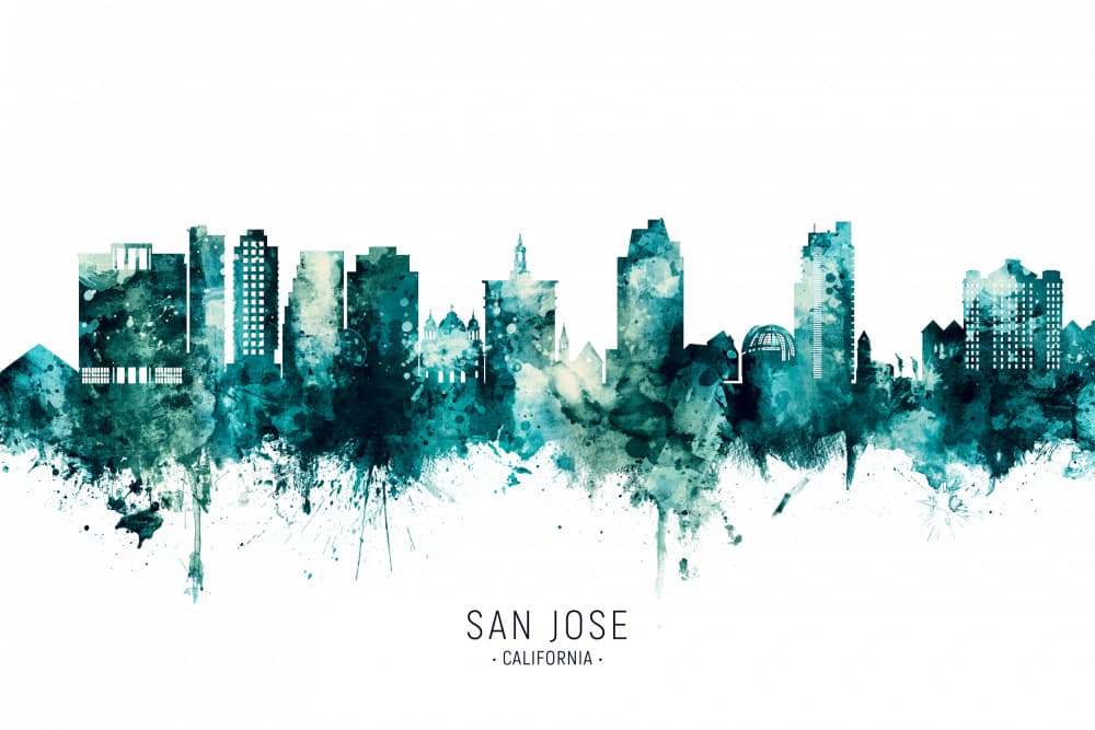 Teal San Jose Skyline by Michael Tompsett — canvas wall art