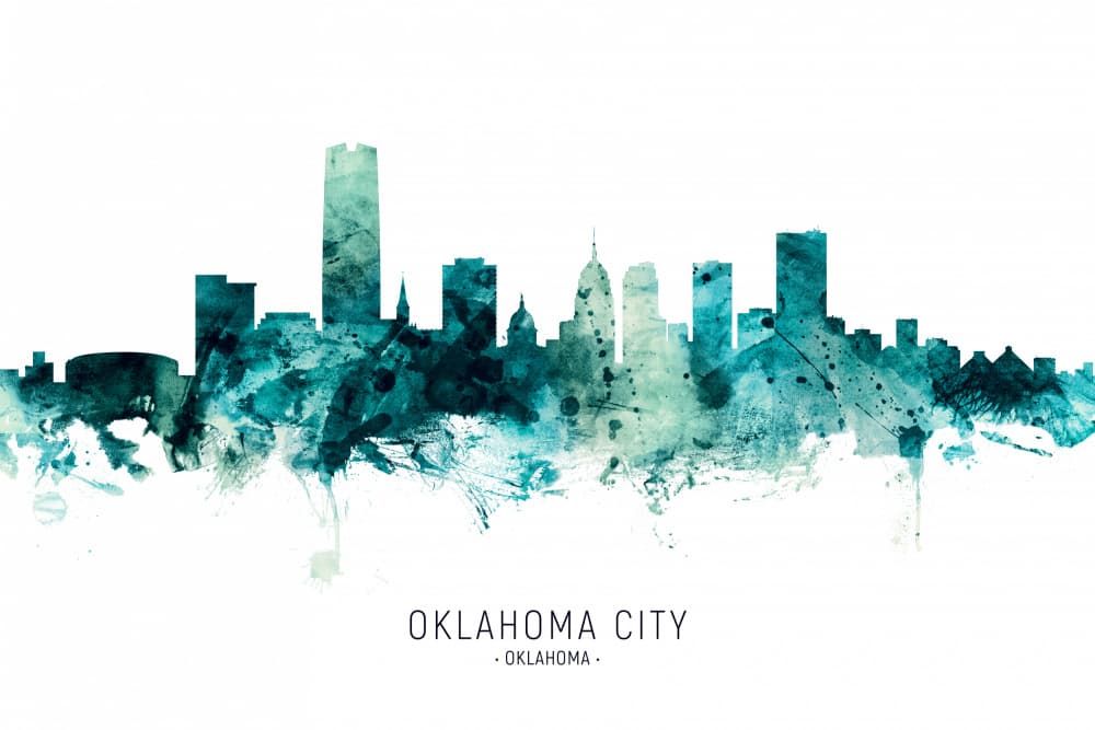 Teal Oklahoma City Skyline by Michael Tompsett — canvas wall art