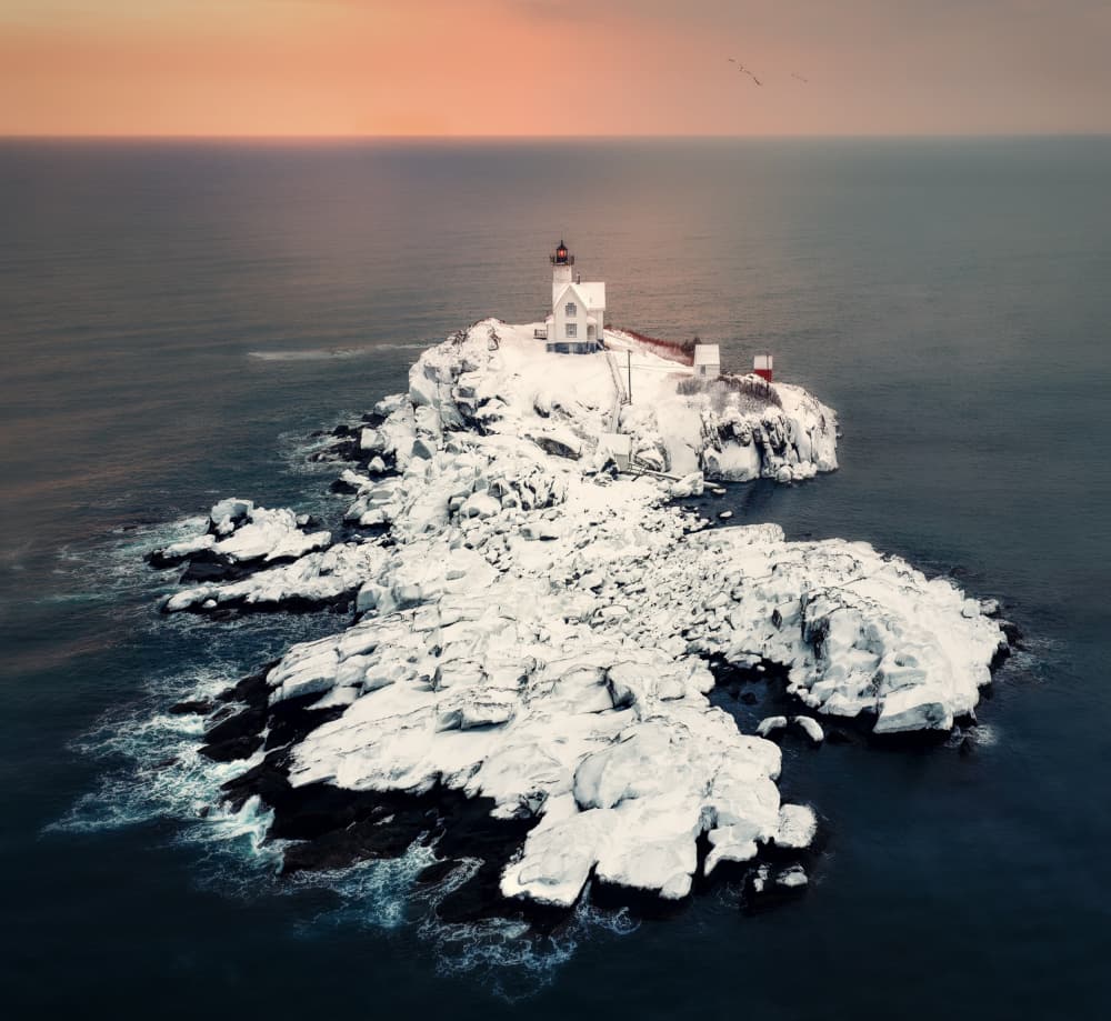 Snowy Lighthouse Island Sunset by Kai Dan — canvas wall art