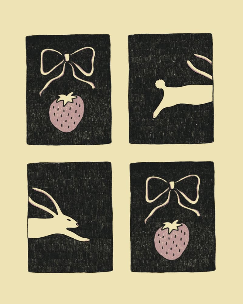 Hopping Rabbit Strawberries by Marina Alaburic — canvas wall art