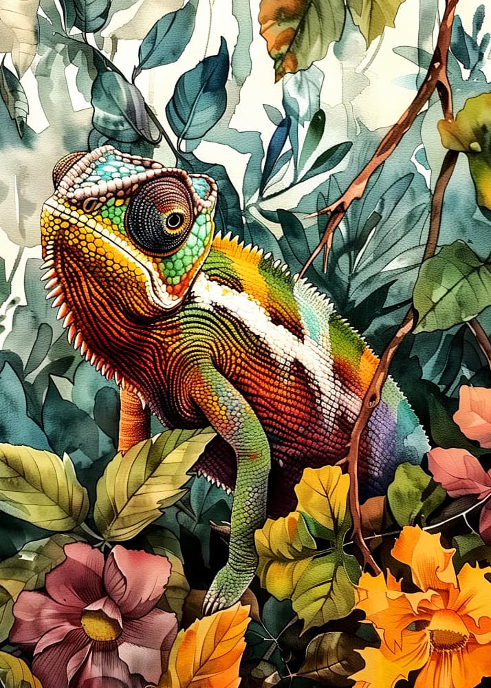 Vibrant Jungle Chameleon by Justyna Jaszke — canvas wall art
