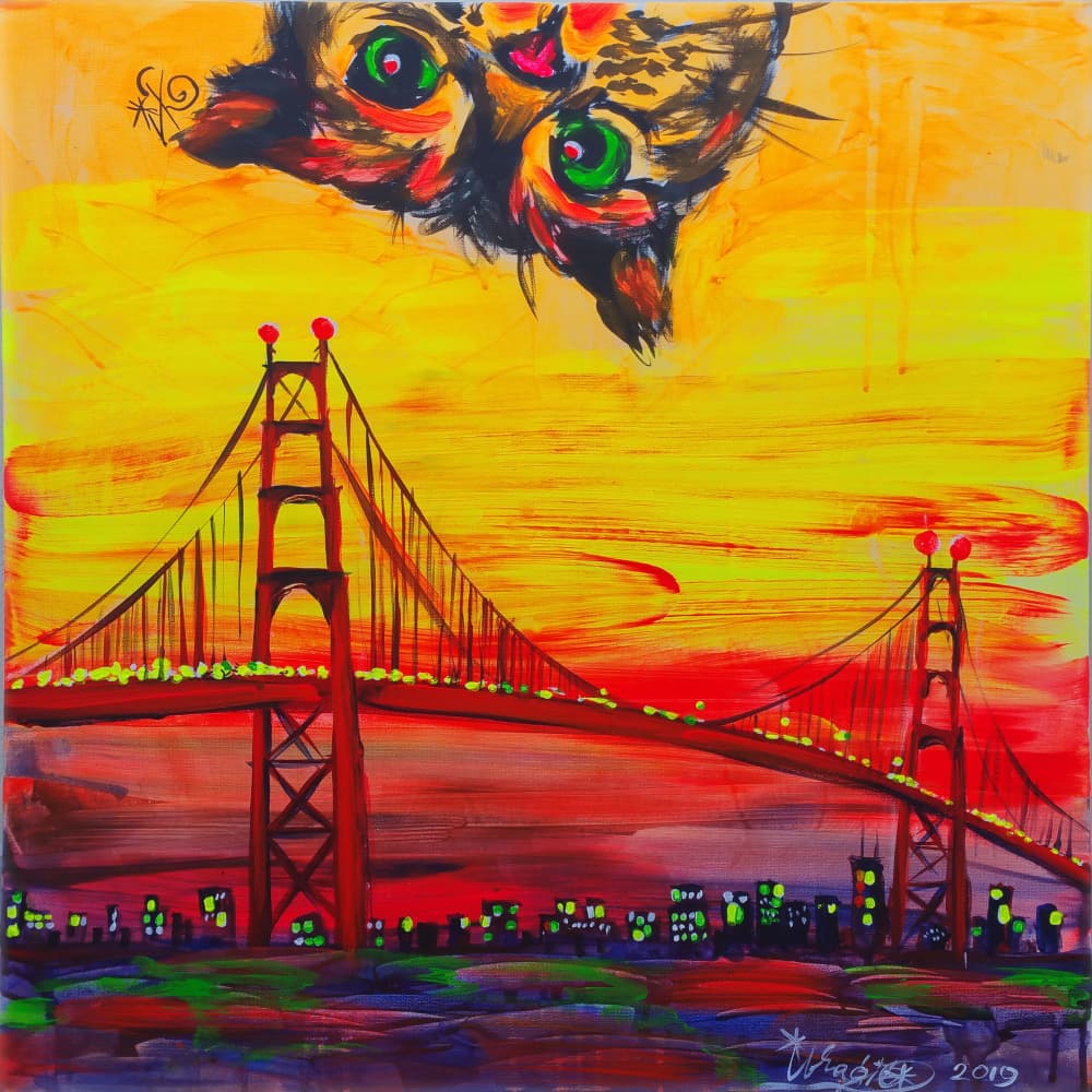 Whimsical Cat Over Golden Gate by Kanat Ibragimov — canvas wall art