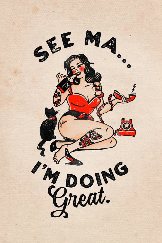 See Ma Poster Funny Vintage Pinup Girl &amp; Cat by The Whiskey Ginger — canvas wall art
