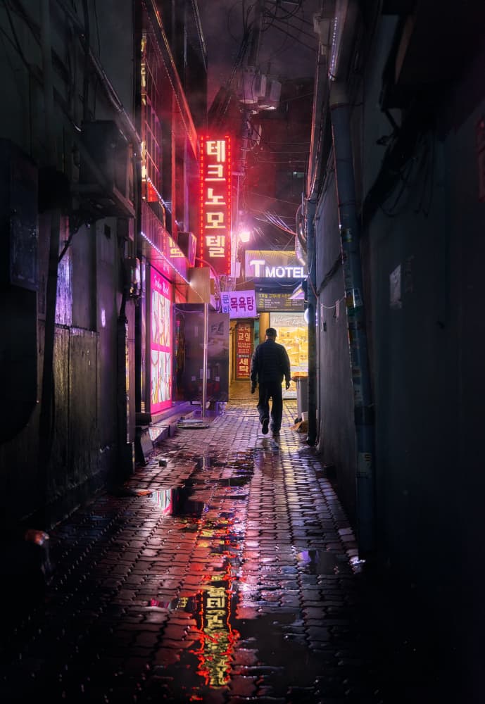 Neon Alley Night Walk by Alberto Urra — canvas wall art