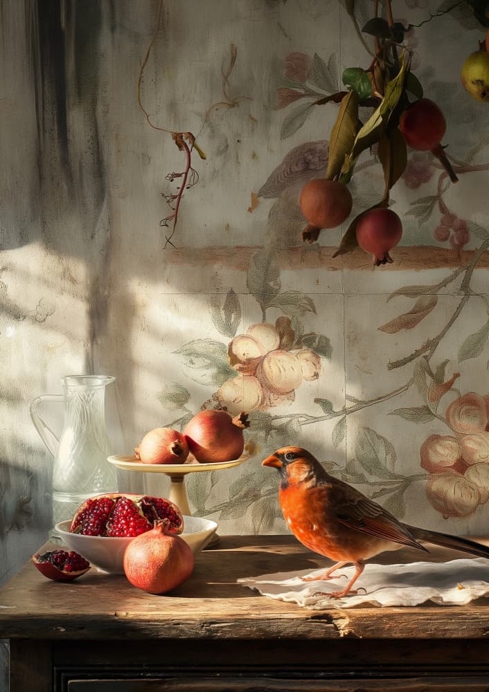 Cardinal Pomegranate Still Life by Niky Rahner — canvas wall art