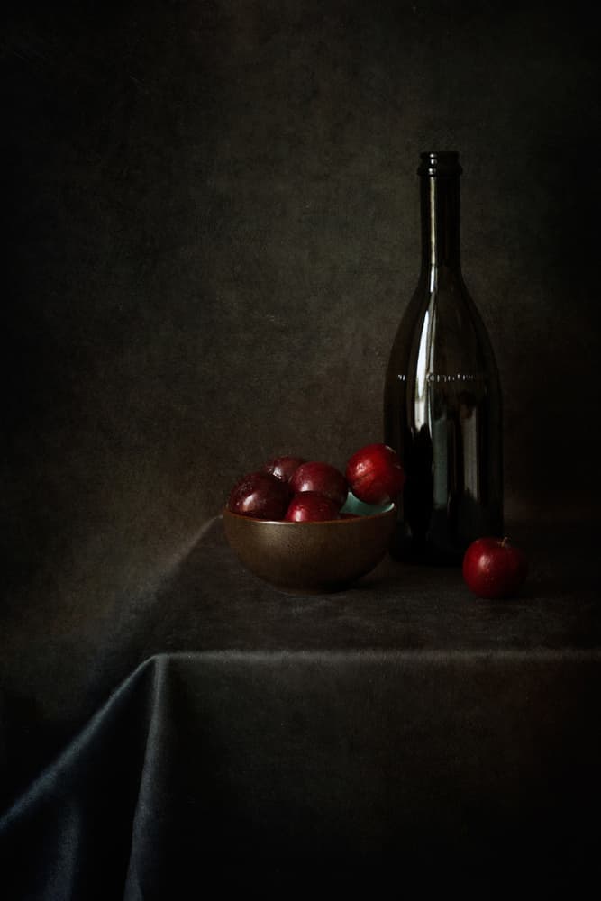 Still Life With Plums And A Bottle by Lenka — canvas wall art