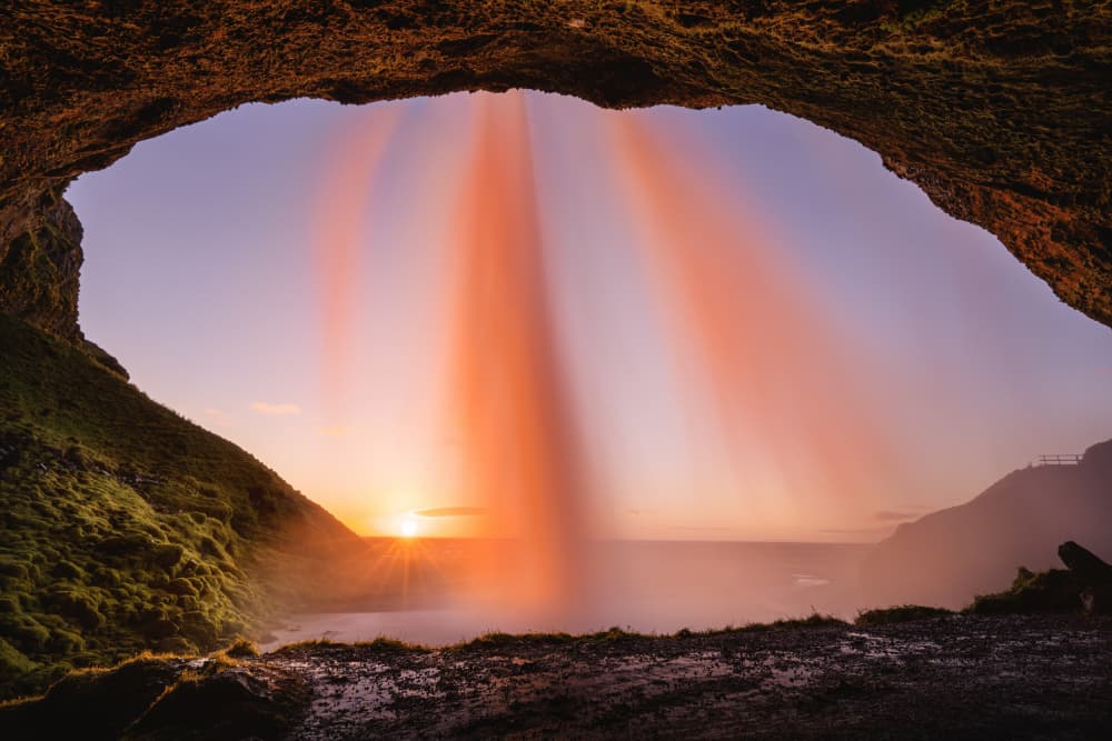Sunset Waterfall Cave by Chengming — canvas wall art