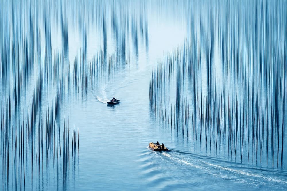 Serene Boats Blue Motion by X-FlyingKN — canvas wall art