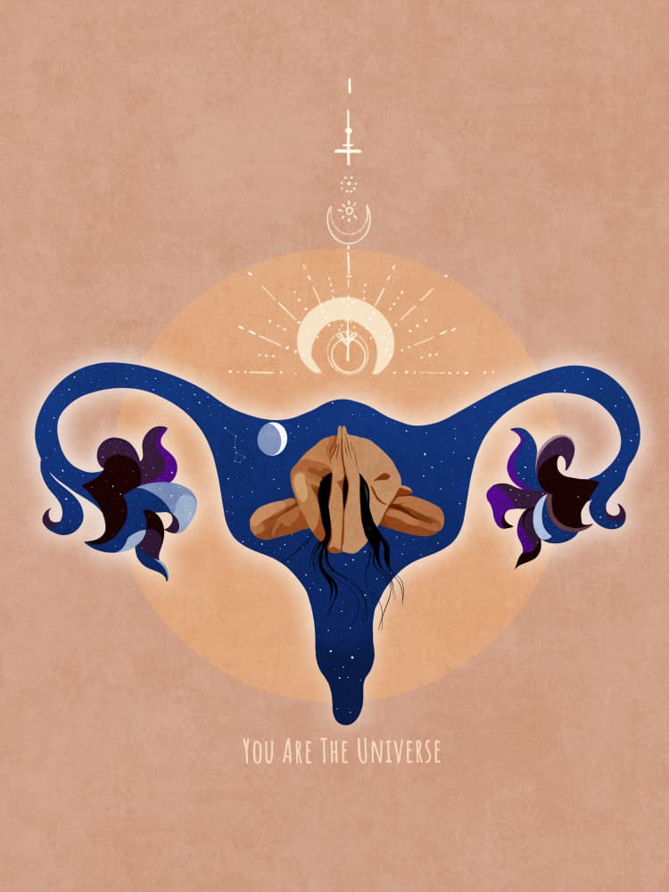 Spiritual, Feminine, Energy, Stars, Moon, Vulva,  Meditation, Yoga, and Inspiration Poster Spir 1b by Emel Tunaboylu — canvas wall art