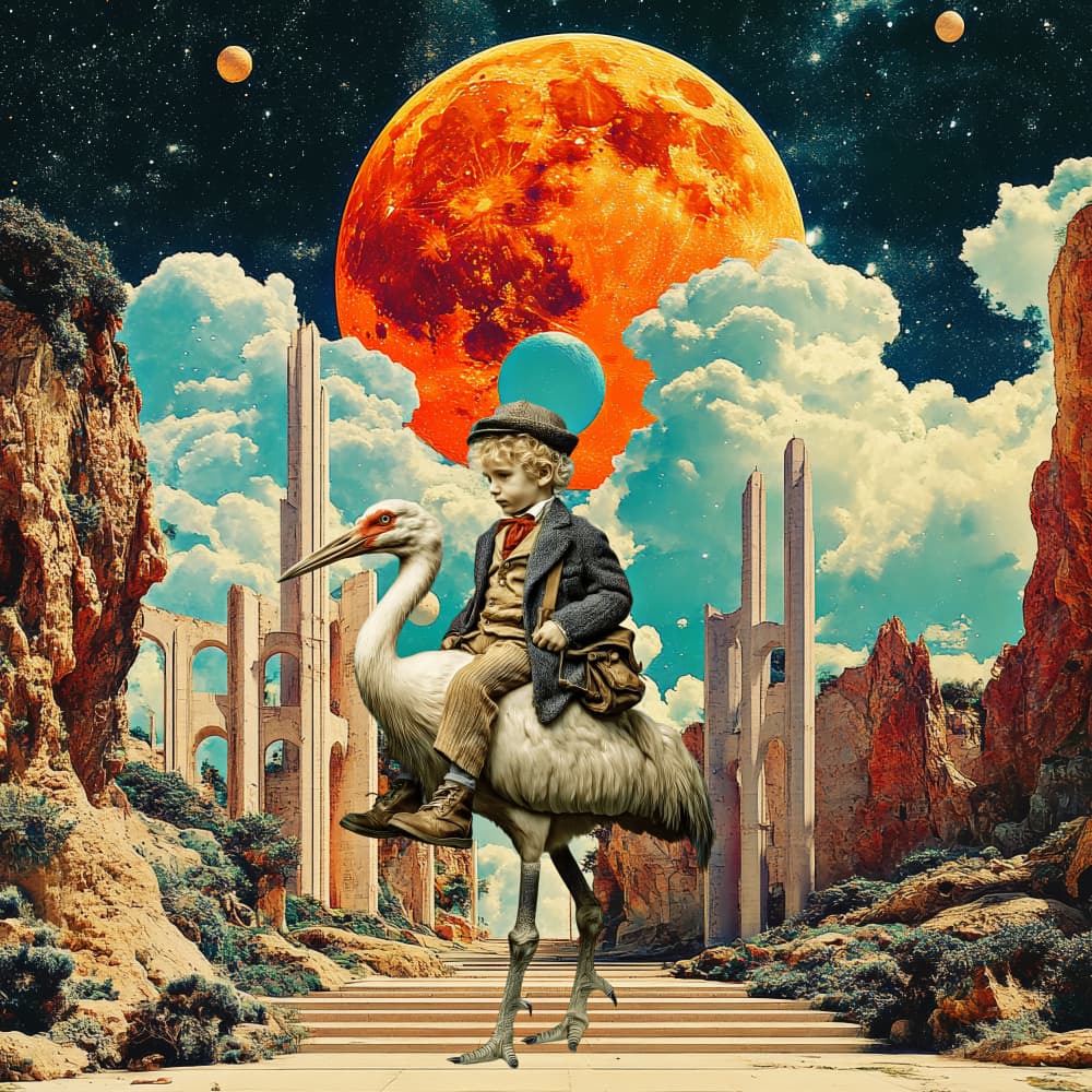 Child Riding Crane Moon by Sue Skellern — canvas wall art