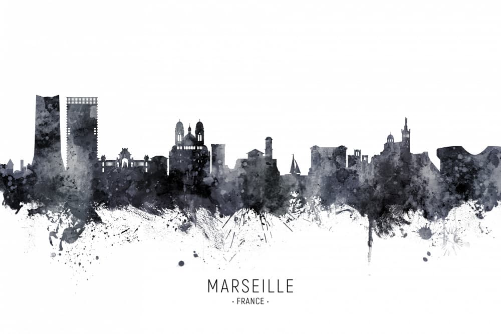 Marseille France Watercolor Skyline by Michael Tompsett — canvas wall art