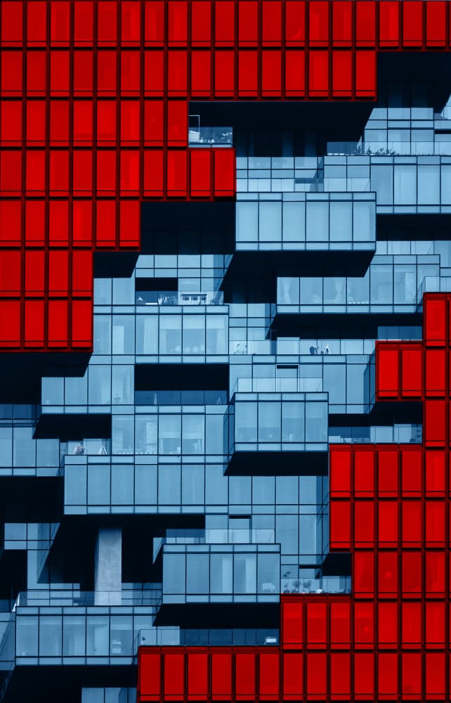 Geometric Red Blue Facade by Harry Verschelden — canvas wall art
