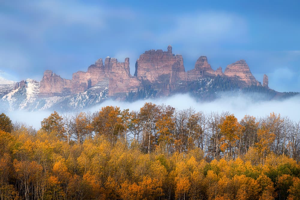 Golden Fall Mountains by Mei Xu — canvas wall art