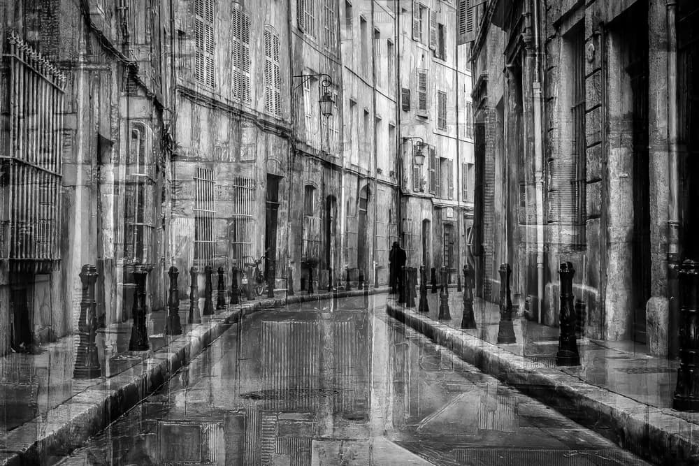 Moody City Street Reflections by Thierry Lagandré (Transgressed Light) — canvas wall art