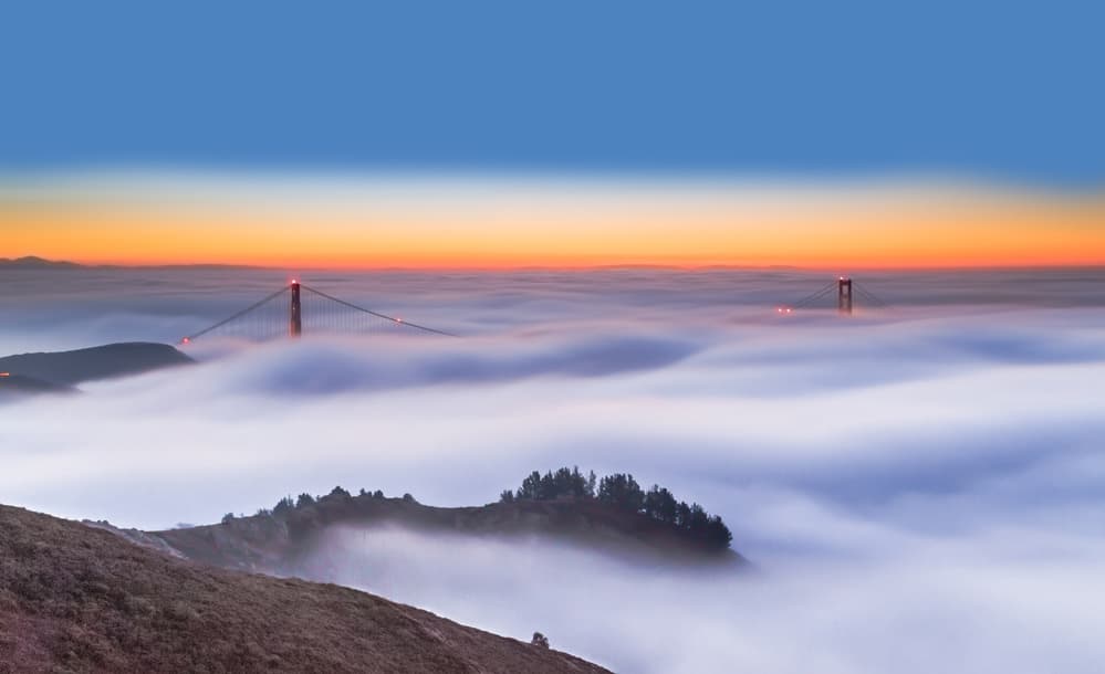 Misty Golden Gate Sunrise by Jenny Qiu — canvas wall art