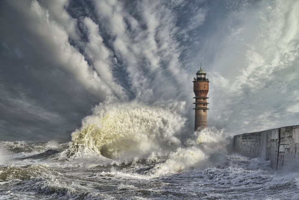 Stormy Lighthouse Waves by Stéphane Pecqueux — canvas wall art