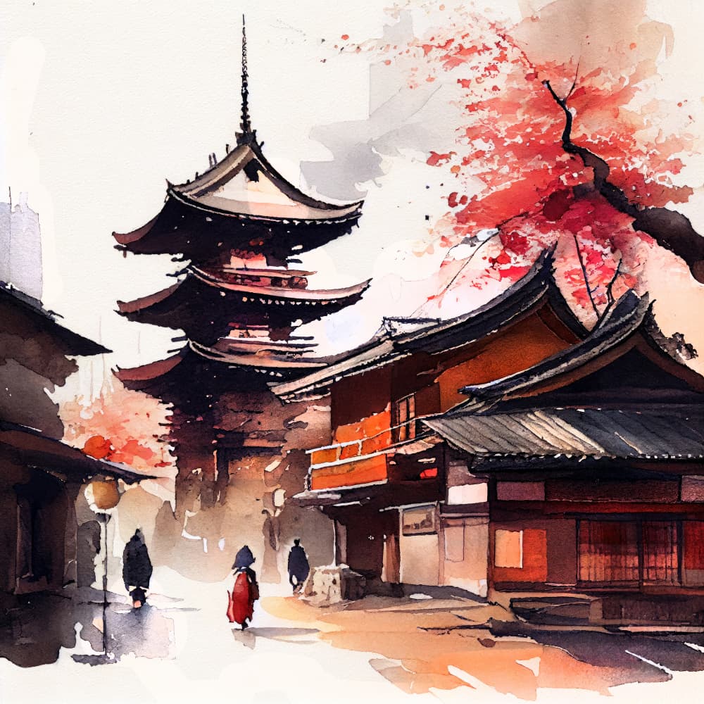Serene Japanese Temple Street by Justyna Jaszke — canvas wall art