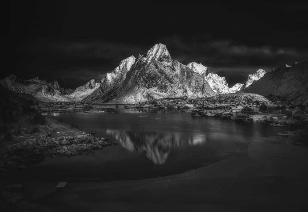 Snowy Mountain Village Reflection by Leechee Z — canvas wall art