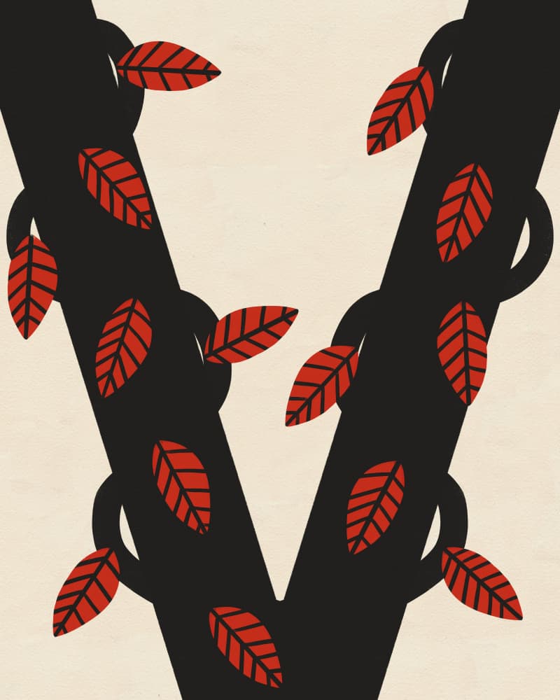 Red Leaves Letter V by Deepthi s — canvas wall art