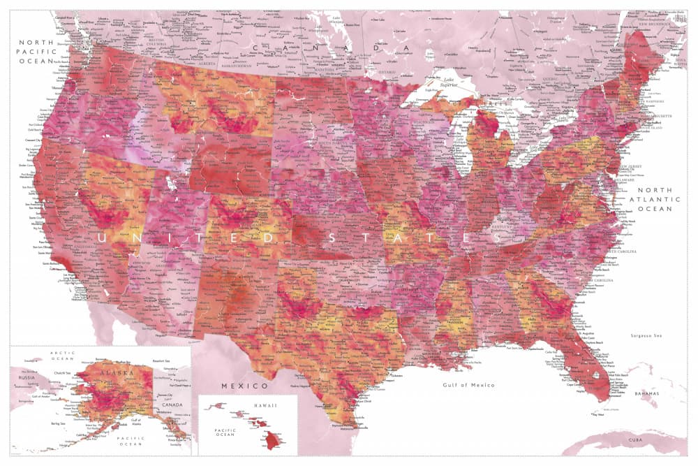 Watercolor USA Map by Rosana Laiz Blursbyai — canvas wall art