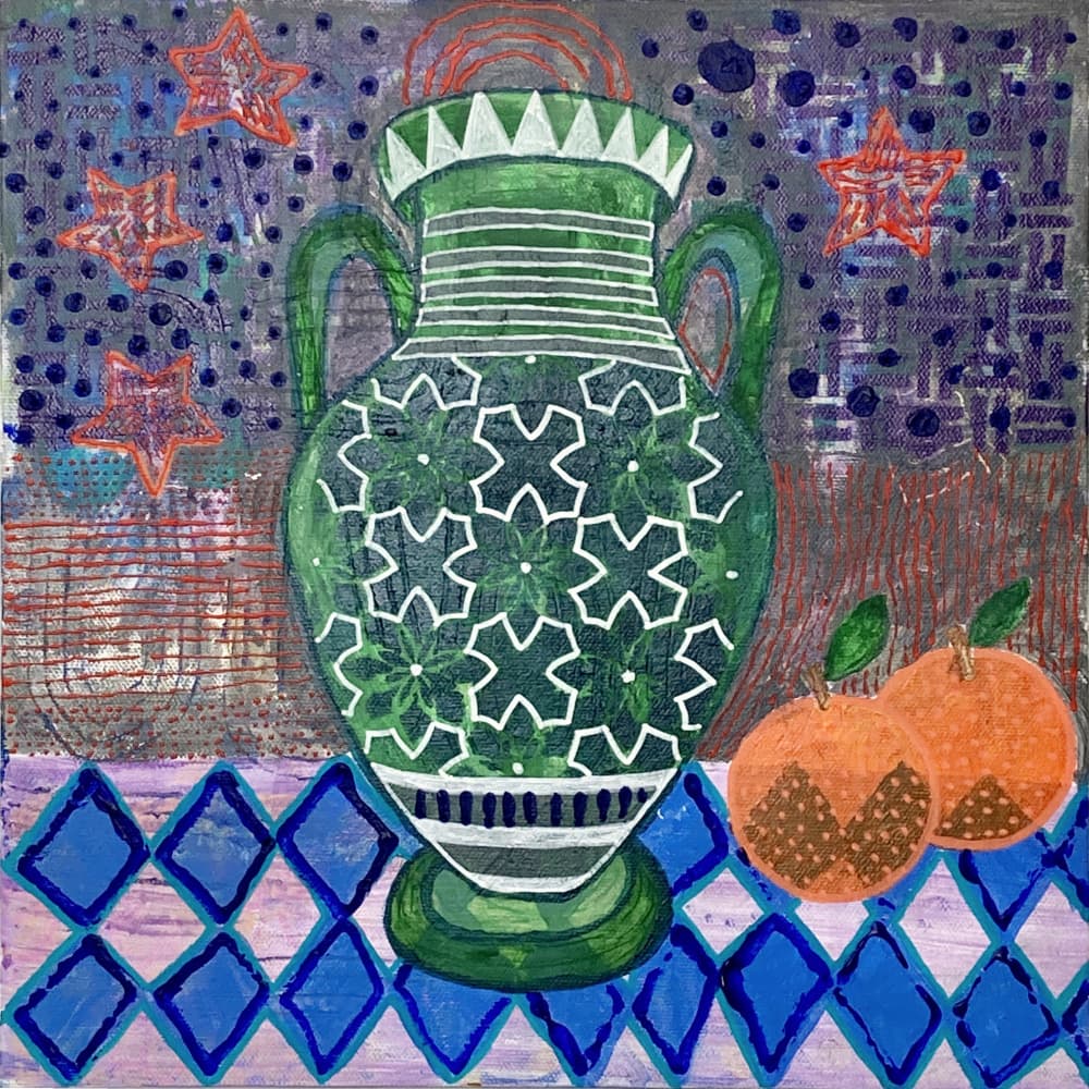 Colorful Vase and Oranges by David Galan — canvas wall art