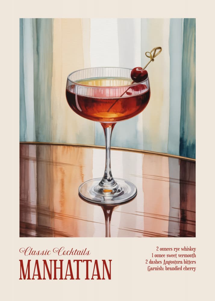 Watercolor Manhattan Cocktail by Andreas Magnusson — canvas wall art