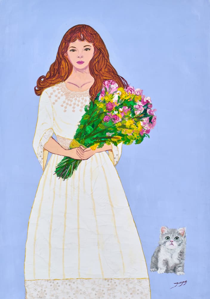 Girl With Flowers And Kitten by Jukyong Park — canvas wall art