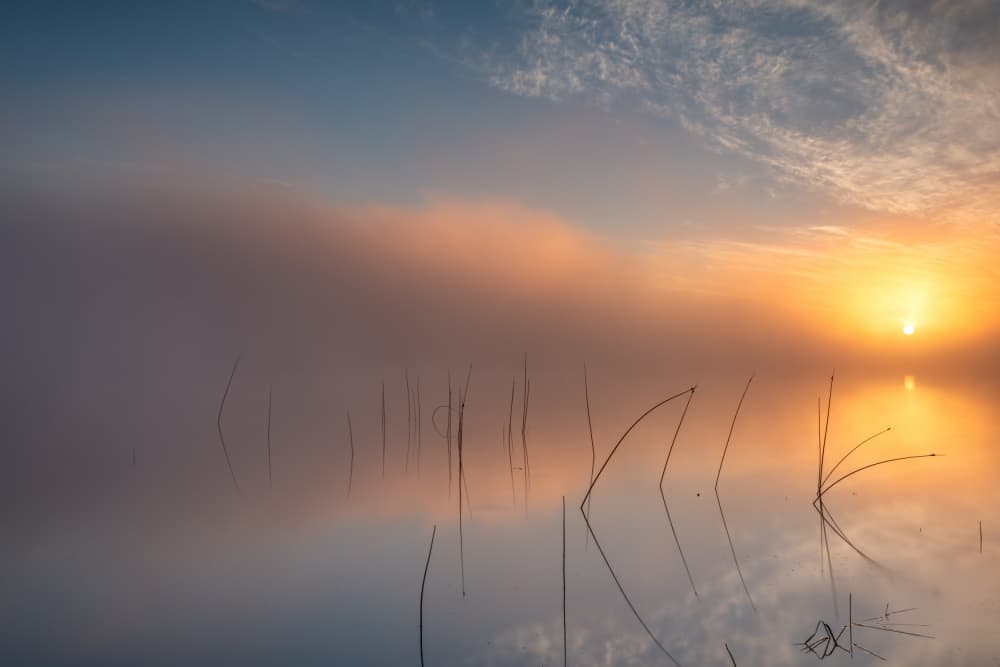 Golden Sunrise Over Misty Lake by Keller — canvas wall art