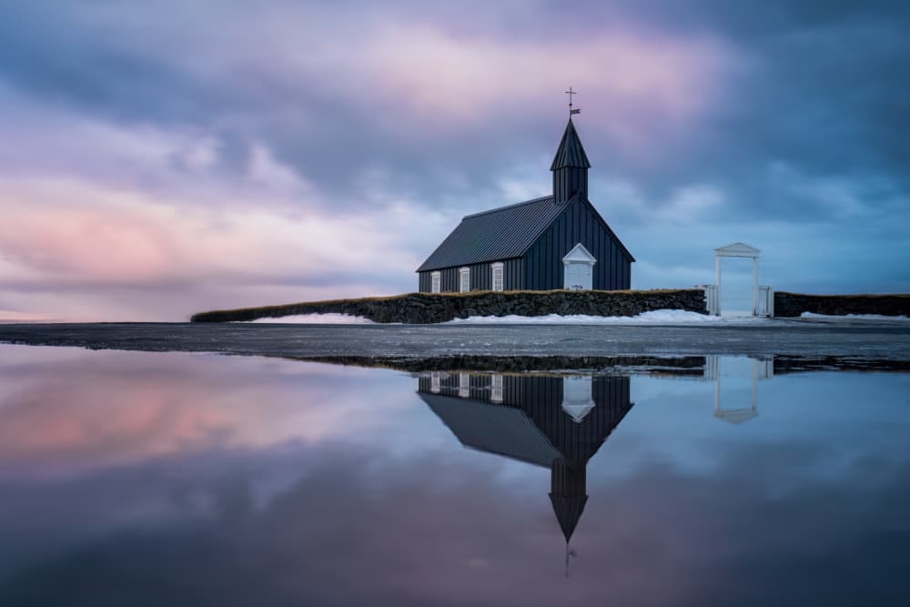 Budir Black Church Reflection by Catherine Lu — canvas wall art