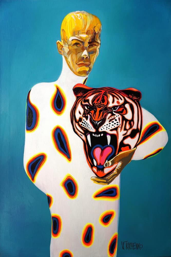 Golden Man Roaring Tiger by Victor Tkachenko — canvas wall art