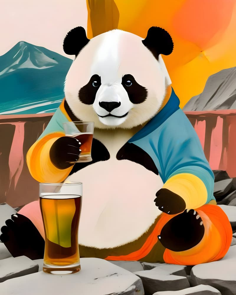 Happy Panda Mountain Drink by Uma Gokhale — canvas wall art