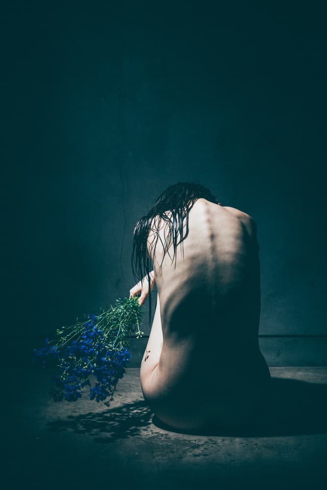 Melancholy Figure Blue Flowers by Daisuke Kiyota — canvas wall art