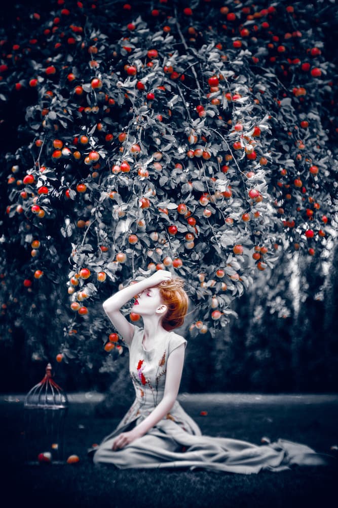 Woman Under Red Apples by Ruslan Bolgov — canvas wall art