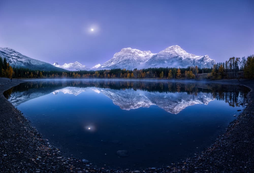 Serene Mountain Lake Moonlight by Jenny L. Zhang — canvas wall art