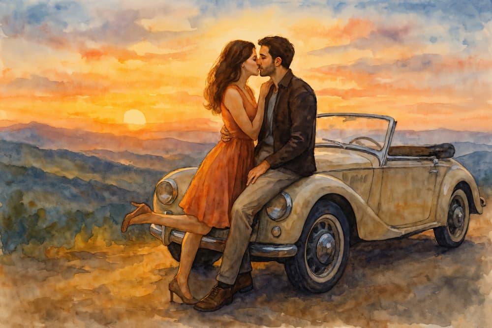 Vintage Car Sunset Kiss by Natalie Bruns — canvas wall art