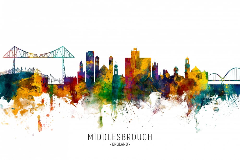 Middlesbrough Watercolor Skyline by Michael Tompsett — canvas wall art