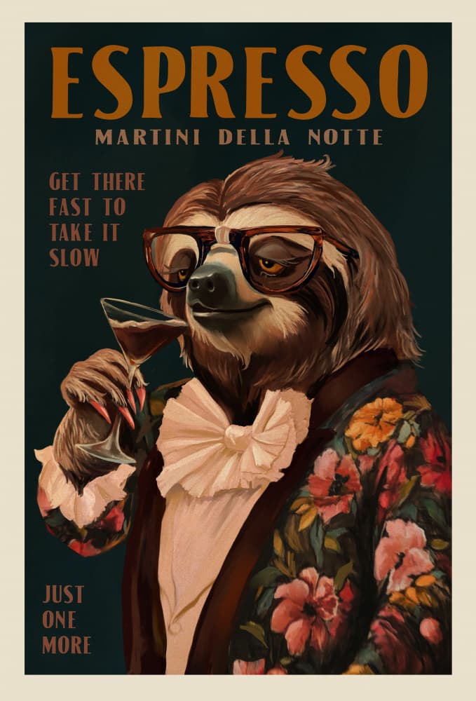 Art Deco Espresso Martini Drinking Sloth by The Whiskey Ginger — canvas wall art