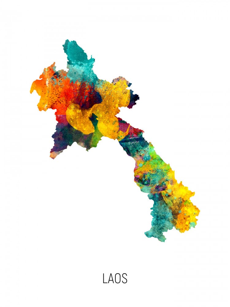 Colorful Laos Map by Michael Tompsett — canvas wall art