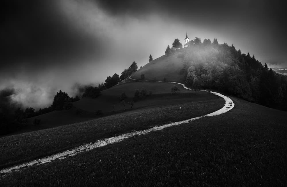 Winding Path to Church by Ales Krivec — canvas wall art