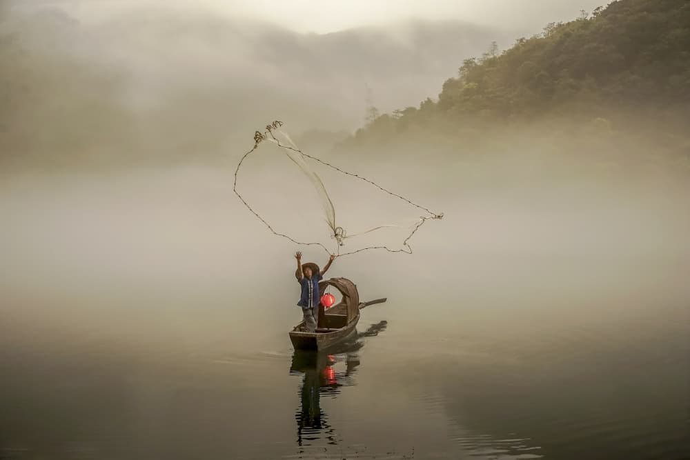 Misty Morning Fisherman by Raymond Ren Rong Liu — canvas wall art
